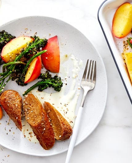 Sheet-Pan Veggie Sausages with Peaches & Broccoli