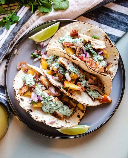 Blackened Mahi-Mahi Tacos with Peach Pico de Gallo and Cilantro Lime Sauce