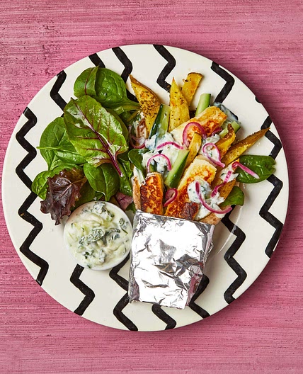Halloumi, chip & tzatziki naan/ pitta wrap with salad