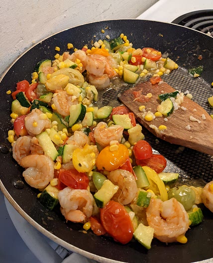 Shrimp, Zuccinni, Corn, Tomato Stir Fry