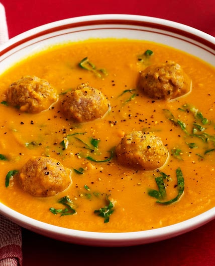 Carrot Soup with Turkey Meatballs and Spinach
