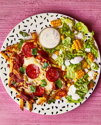 Cheesy Meat-free Pepperoni Pizza Loaded Fries With Garlic & Herb Dip
