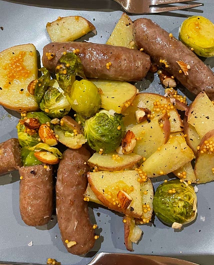Sheet-Pan Sausages and Brussels Sprouts With Honey Mustard