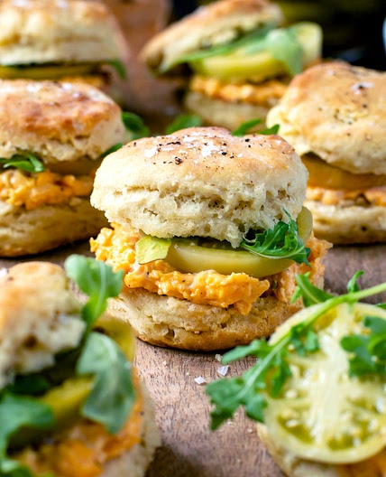 Buttermilk Biscuits with Pimento Cheese and Pickle Green Tomatoes — b. sweet
