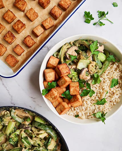Creamy Tahini Stir-Fry with Crispy Baked Tofu