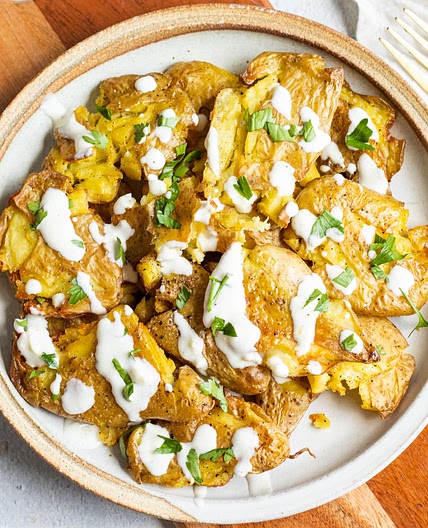 Crispy Baked Salt and Vinegar Smashed Fingerlings with Lemon Yogurt Sauce