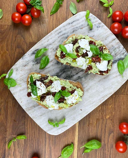 Avocado & Egg Toast, with sun-dried tomatoes and mozzarella