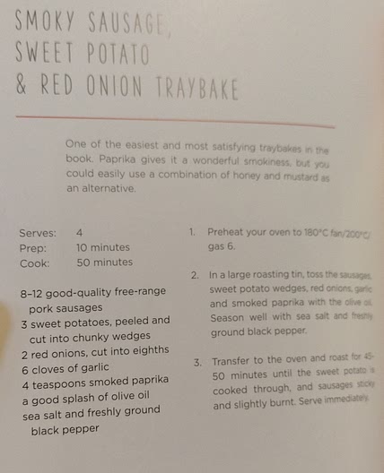 Smoky sausage & red onion tray bake.