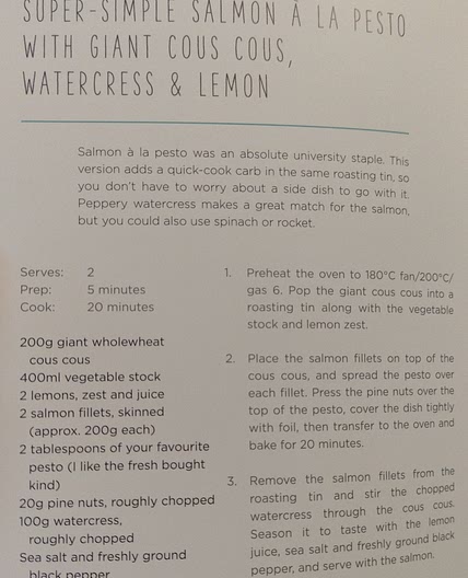 Salmon a la pesto with giant cous cous, watercress & lemon.