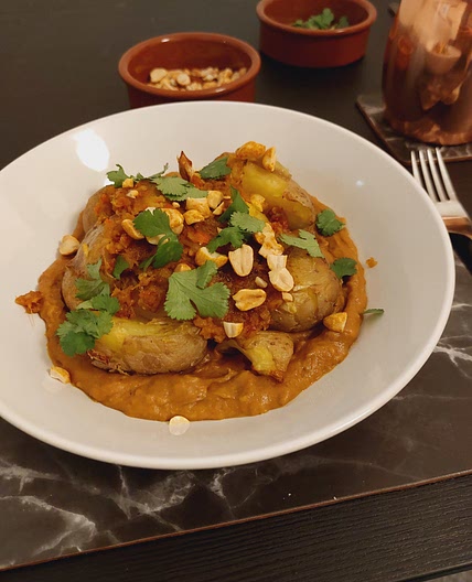 Smashed Sambal Potatoes with Satay