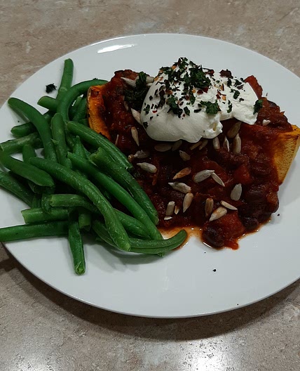 Roasted Butternut Pumpkin with Black Bean Chilli