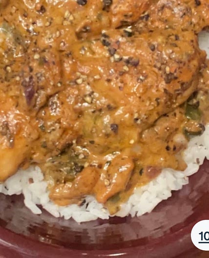 1 pan chicken, cheese sauce, and rice