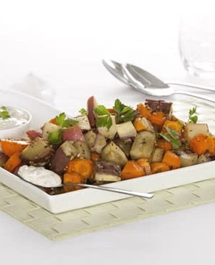 Roasted Vegetable Salad with Sour Cream and Red Onion Dressing