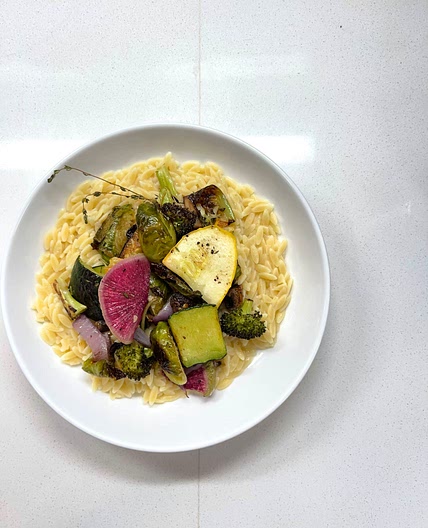 Roasted Seasonal Veggies with Parmesan Orzo 