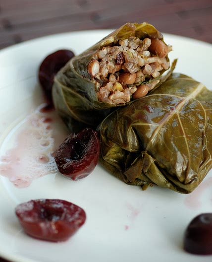Cherry Collard Dolmas (Turkish Collard Leaves Stuffed with Rice, Beans and Fresh Cherries -Visneli Yaprak Sarma)