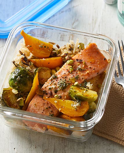 Roasted Salmon Rice Bowl with Beets & Brussels Without Rice