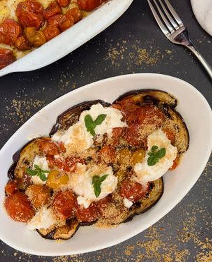 Grilled Eggplant With Roasted Tomatoes, Burrata And Garlic Breadcrumbs