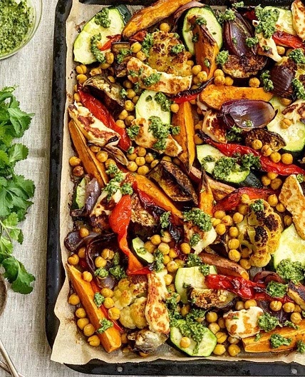 Vegetable, Chickpea & Halloumi Traybake with Zhoug - Anna's Family Kitchen