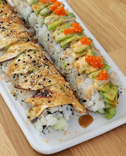 Vegan Dragon Roll & Vegan Caterpillar Roll (Vegan Eggplant Eel)
