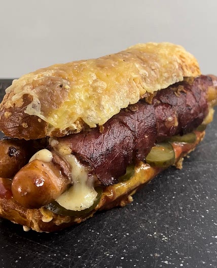Cheesy sausage ham sandwich