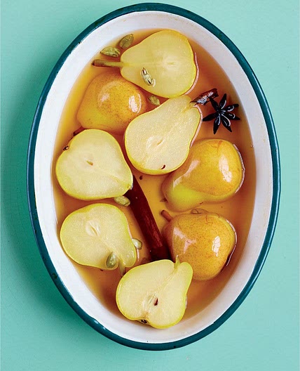 Spiced Pears with Almond Chocolate Crème Fraîche