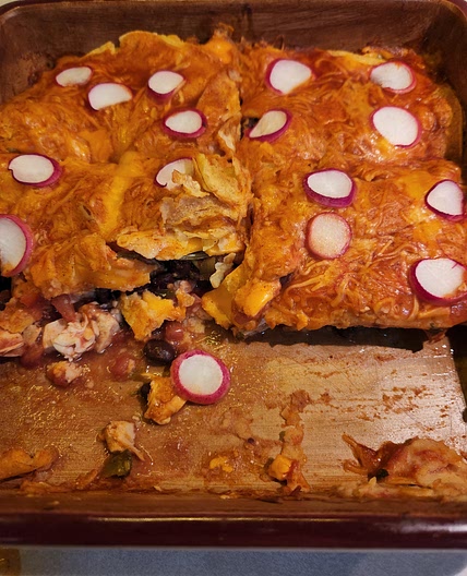 Chicken and Black Bean Enchilada Casserole with Mexi Corn