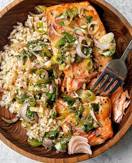 Miso Butter Salmon with Sizzled Scallion Salsa Verde
