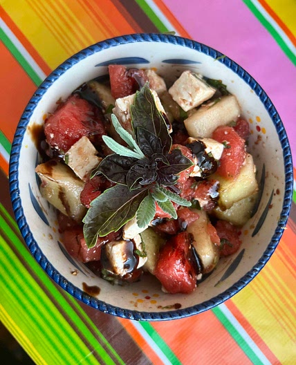 Spicy feta basil lavender and melon: summer salad