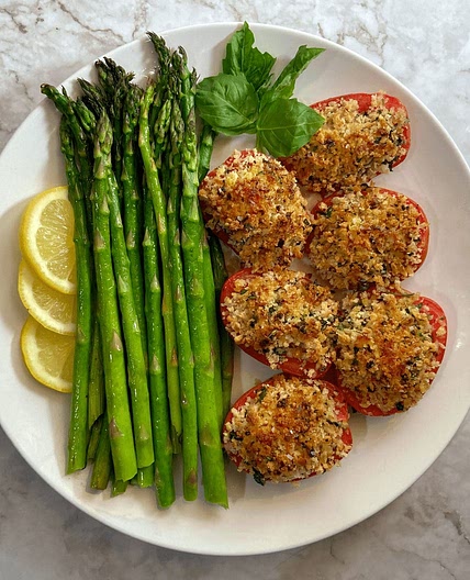 ROASTED ASPARAGUS WITH STUFFED TOMATOES PROVENCAL