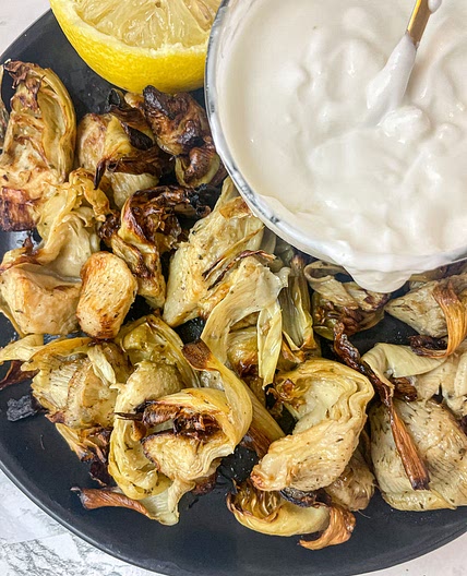 Crispy Air Fried Artichokes with a Lemon Garlic Yogurt Sauce