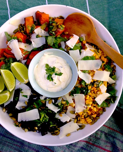 Barbecued corn and roasted butternut pumpkin with black beans and jalepeno sour cream