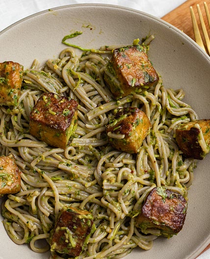 Soba Noodles with Crispy Tofu and Cilantro Avocado Sauce