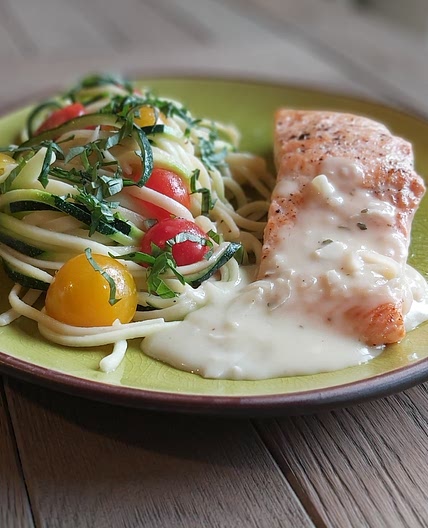 Linguine, courgettes, tomates cerise, saumon.