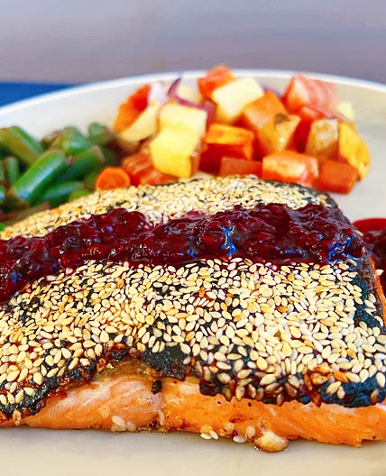 Seared Sesame Coffee Salmon with Blackberry Compote and Rainbow Potato Medley