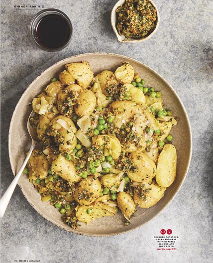 Crushed Potatoes, Leeks, and Pea Salad