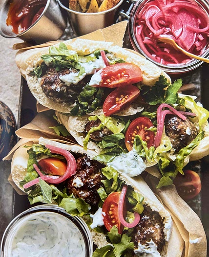 Kofta Gyros or “meatball pitas w/garlic fries & tzatziki”