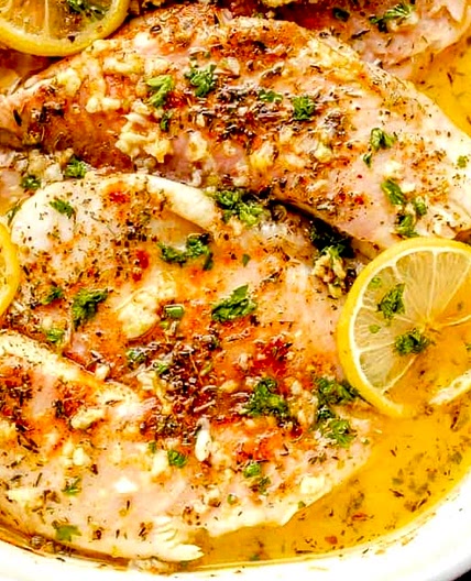 Baked Fish with Garlic Lemon Butter Sauce