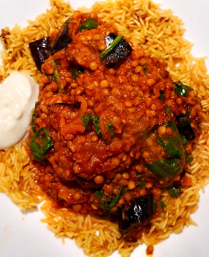 Aubergine & Lentil Dhansak with Cardamom Rice