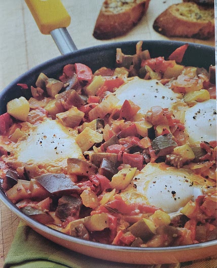 Ratatouille with poached eggs and garlic croutons