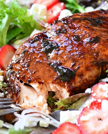 Strawberry Balsamic Glazed Baked Salmon Salad
