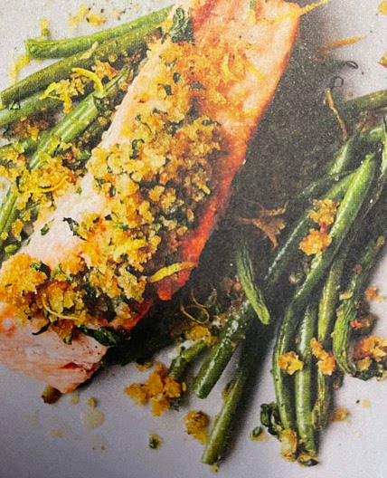 roast salmon & green beans with cornichons & mustard crumbs