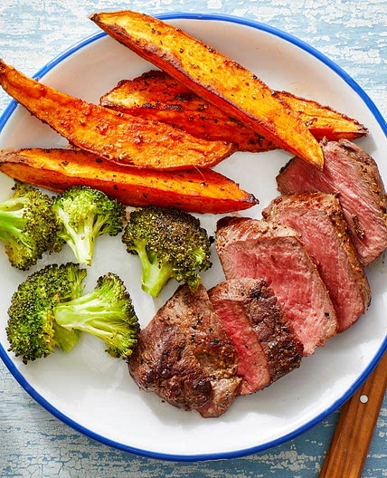 Steak with sweet potato fries and broccoli