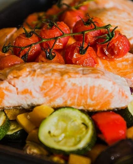 Salmon tray bake with Mediterranean veg
