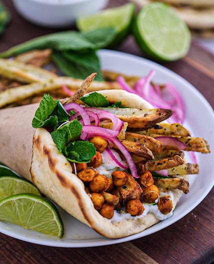 Tandoori Chickpea Gyros with Crispy Oven Baked Fries and Mint Raita - Wandering Chickpea