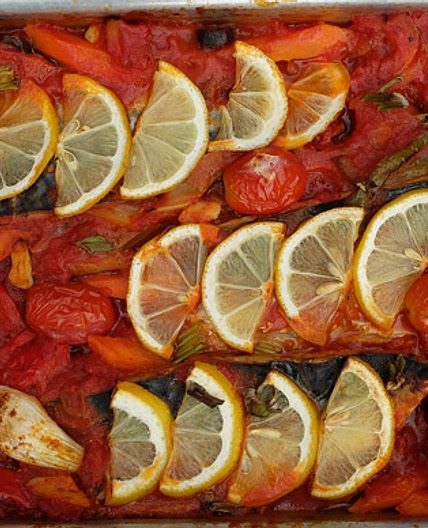 Baked mackerel fillets with herby Mediterranean vegetables
