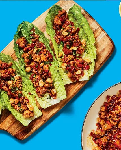 One-Pan Sweet Chili Turkey Lettuce Wraps with Bell Pepper & Candied Peanuts