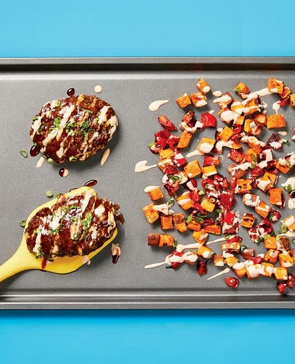 Sheet Pan Sweet Soy Meatloaves with Sweet Potato & Pepper Jumble plus Spicy Lime Mayo