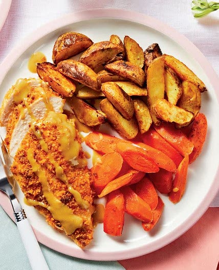 Crispy Maple Mustard Chicken with Roasted Potato Wedges & Carrots
