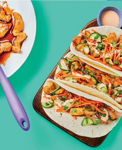 One-Pan Banh-Mi-Style Chicken Tacos with Pickled Cucumber & Sriracha Mayo