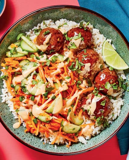Banh Mi-Style Meatball Bowls with Pickled Veggie Salad, Sriracha Lime Mayo & Ginger Rice